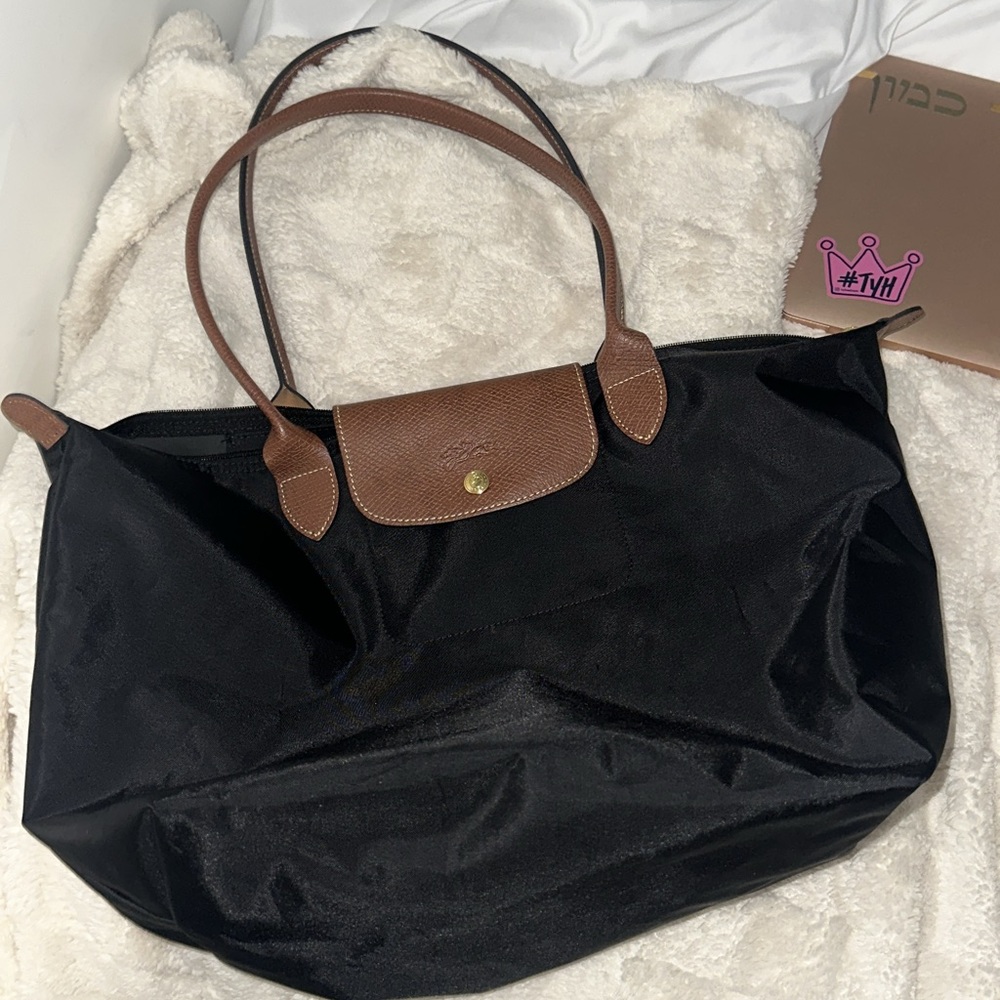 Longchamp Black and Brown Laptop Bag with Leather Accents